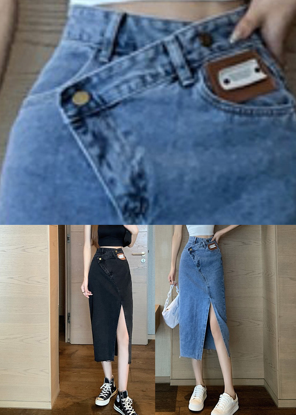 Black High Waist Pockets Button Denim a Line Skirt Spring