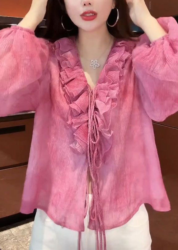 French Pink Tie Lace Top Lantern Sleeve