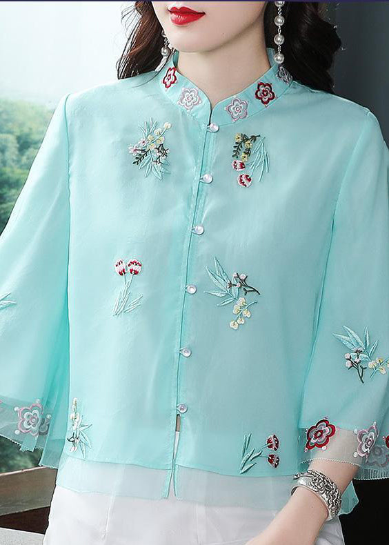 Chinese Style Light Green Stand Collar Embroideried Chiffon Shirts Bracelet Sleeve
