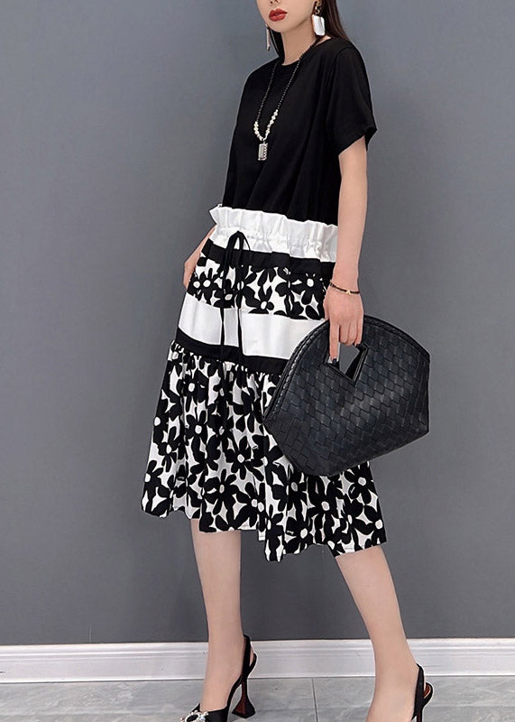 Slim Fit Black O-neck Print Drawstring Patchwork Long Dress Short Sleeve