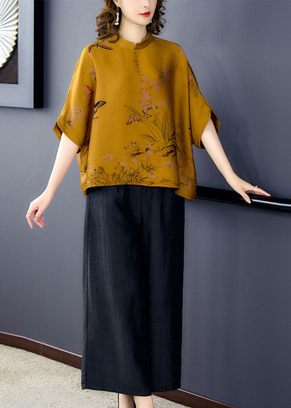 Loose Yellow Stand Collar Print Silk Two Piece Set Clothing Batwing Sleeve
