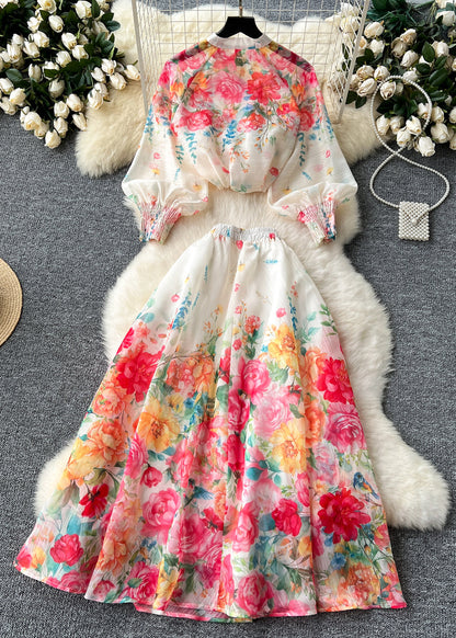 French Colorblock Print Tops and Skirts Chiffon Two Pieces Set Long Sleeve