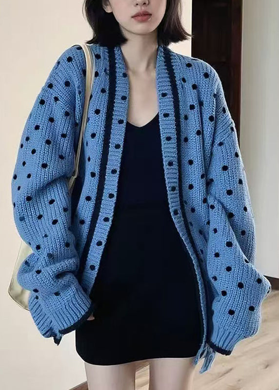 Blue V Neck Dot Knitted Cotton Cardigans Fall