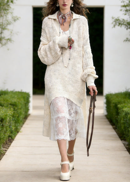 White Peter Pan Collar Knit Long Sweaters and Lace Maxi Dress Two Piece Set Lantern Sleeve