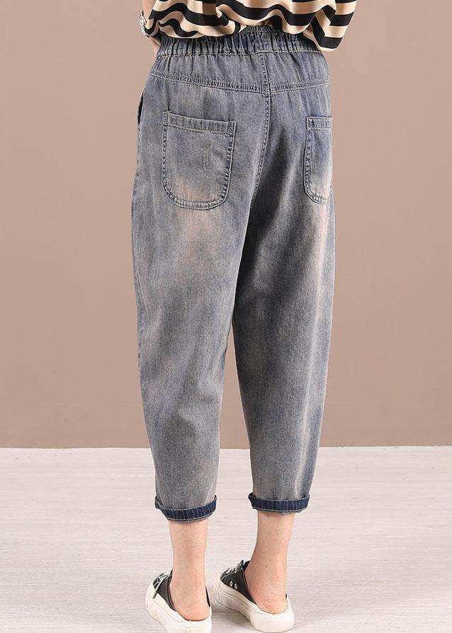 Loose Blue Grey Patchwork Embroideried Pants Denim