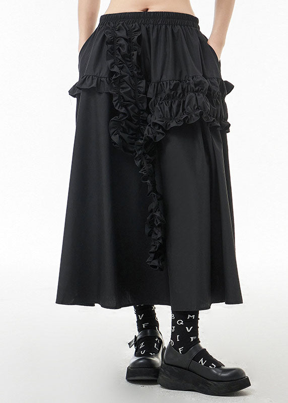 Black Elastic Waist Ruffled a Line Skirts Spring