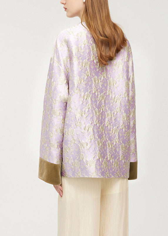 Stylish Purple O-neck Button Silk Velour Patchwork Coats Spring