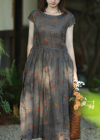Grey Print Lace Up Pockets Linen Dresses Summer