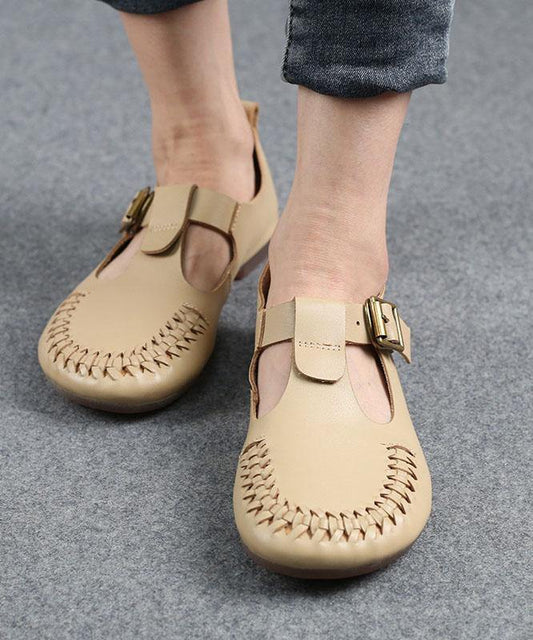 Cowhide Beige Leather Flat Shoes for Buckle Strap Hollow Out Flat Shoes