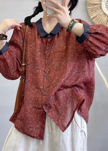Brick Red Peter Pan Collar Print Linen Shirt Tops Summer