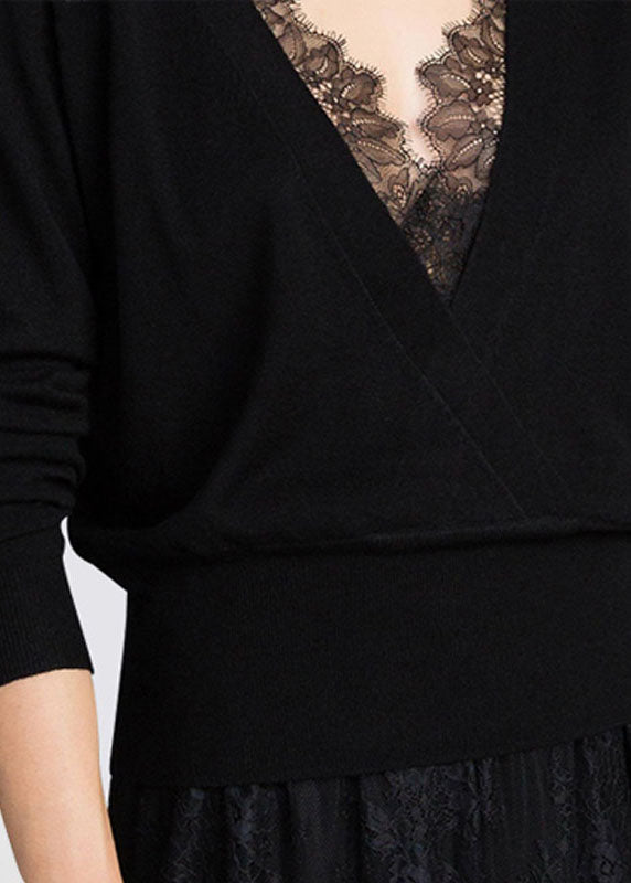 Black V Neck Lace Patchwork Hollow Out Wool Knitted Tops Winter