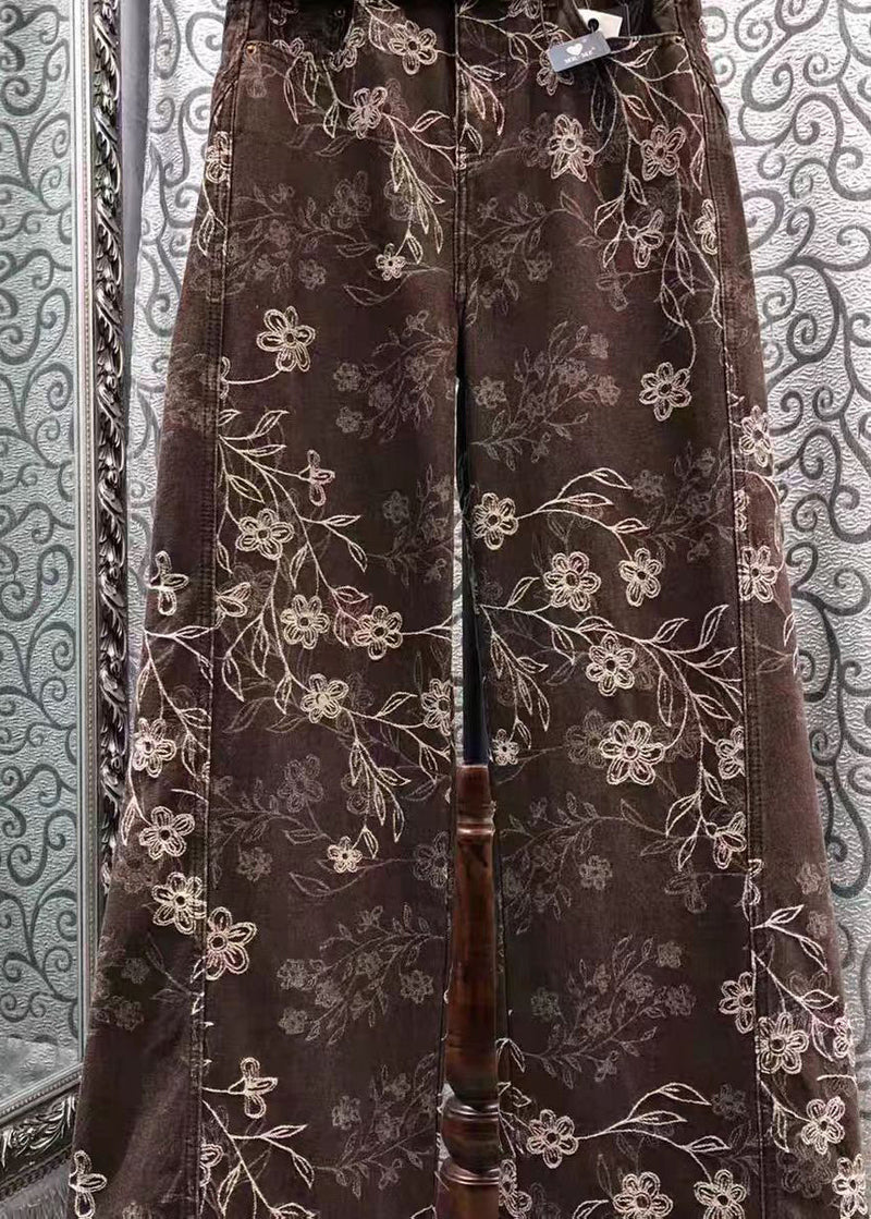 French Brown Print Denim Wide Leg Pants Fall