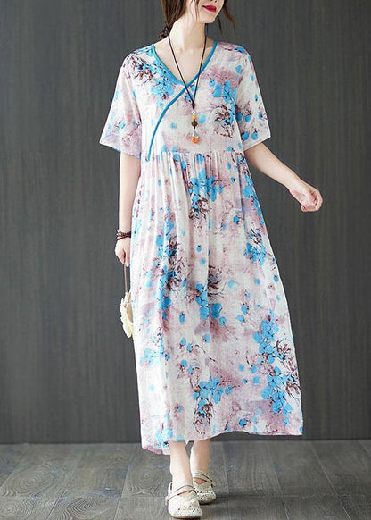 Blue Loose Patchwork Pockets Summer Vacation Dress Short Sleeve