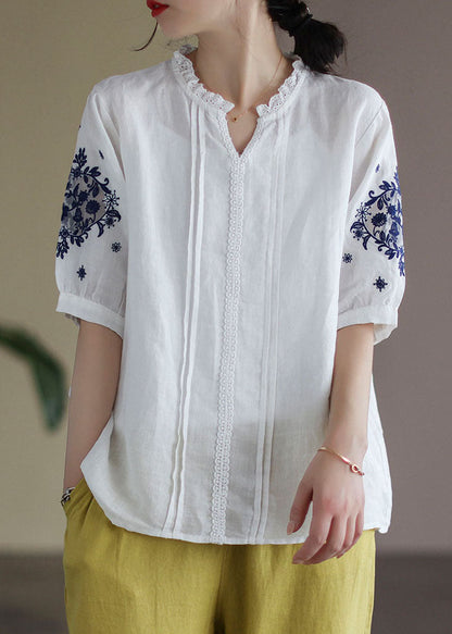 White V Neck Lace Patchwork Linen Shirt Top Short Sleeve