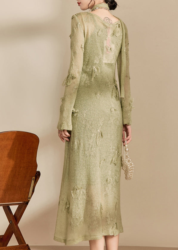 Stylish Light Green O-neck Butterfly Knit Long Dress Fall