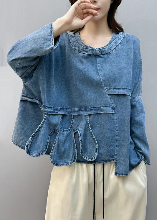 Blue Asymmetrical Patchwork Denim Shirt Tops Fall