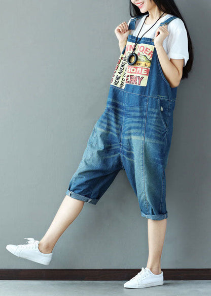 Blue Oversized Applique Cotton Denim Jumpsuit Spring