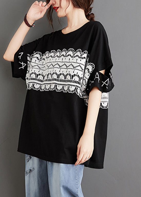 French Black O-neck Hollow Out Lace Patchwork Top Short Sleeve