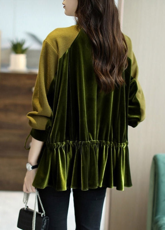 Loose Green O-neck Patchwork Drawstring Sweatshirts Top Long Sleeve