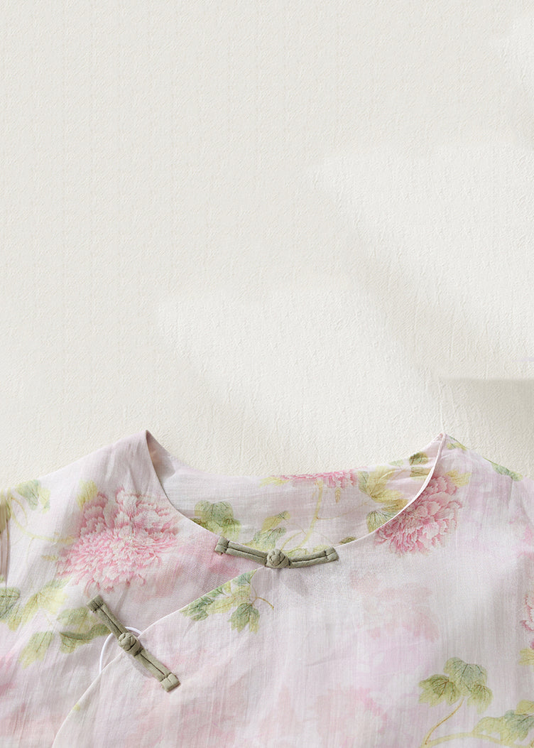 Pink O Neck Button Print Linen Shirts Bracelet Sleeve