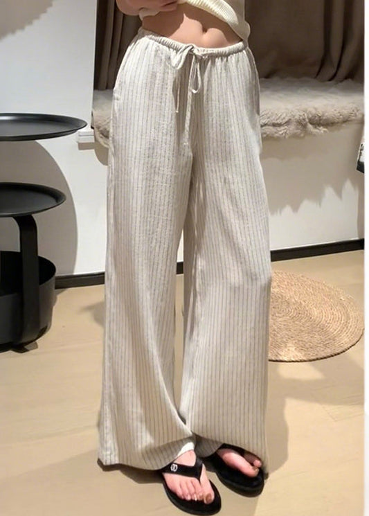 Italian Beige Elastic Waist Striped Linen Straight Pants Spring
