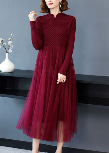 Wine Red Wrinkled Patchwork Knit Sweater Dress Long Sleeve