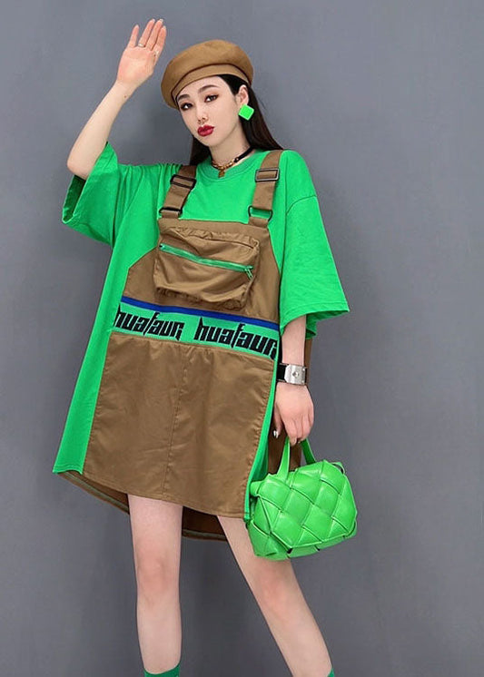Green O-neck Patchwork Cotton Fake Two Piece Strap Dress Short Sleeve