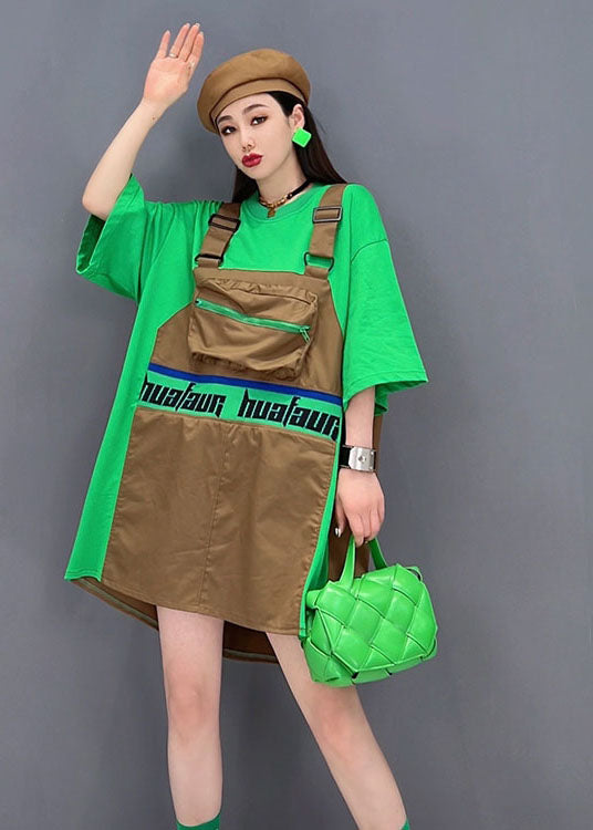 Green O-neck Patchwork Cotton Fake Two Piece Strap Dress Short Sleeve