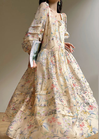 Print Square Collar Silk Dresses Lantern Sleeve