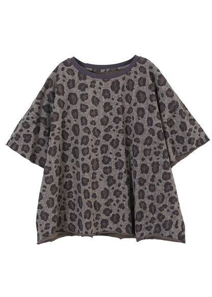 Modern Grey O-neck Oversized Leopard Print Cotton Tank Tops Short Sleeve