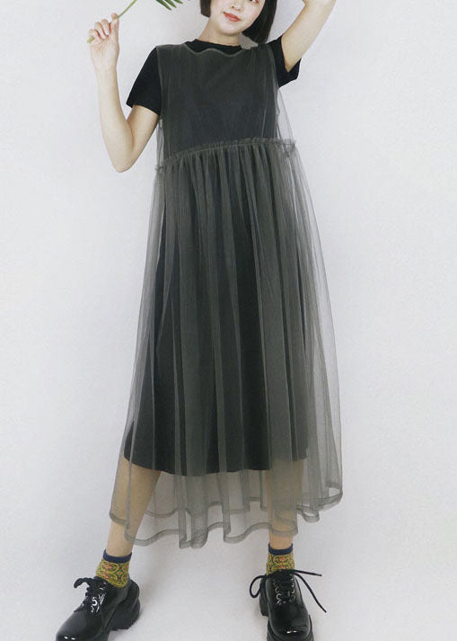 Modern Color Grey O-neck Patchwork Tulle Dress Long Smock Sleeveless Summer
