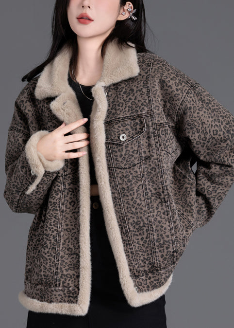 Brown Oversized Leopard Print Warm Fleece Jacket Winter