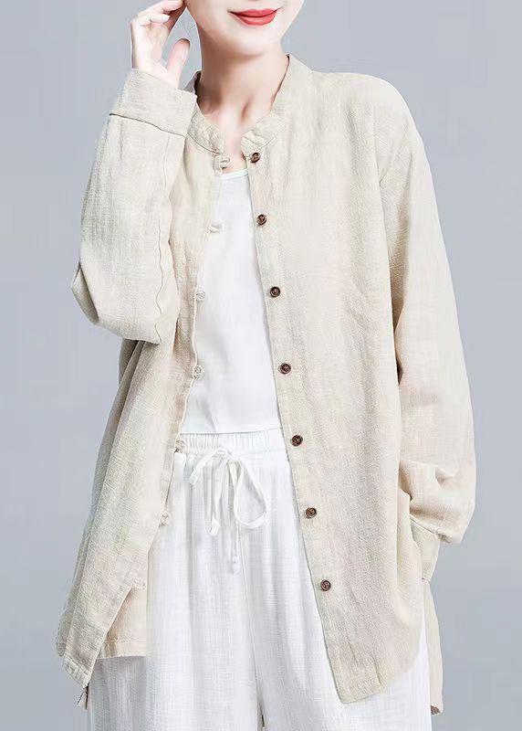 New Linen Stand Collarbutton Patchwork Linen Shirt Tops Fall