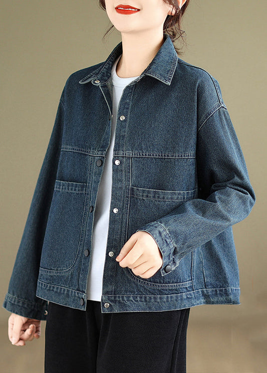 Blue Peter Pan Collar Pockets Warm Fleece Denim Coat Spring