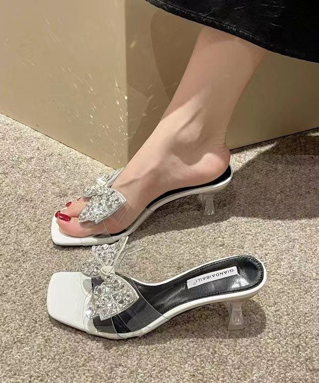 Bow Zircon Splicing Chunky Heel Black Slide Sandals