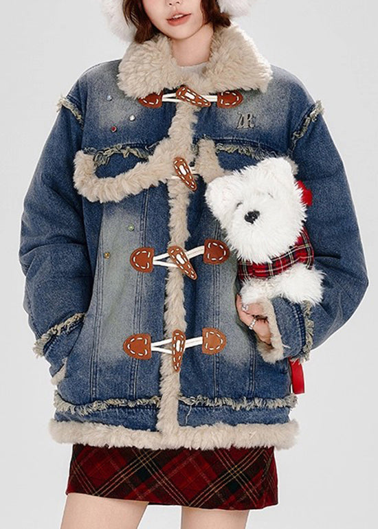 Blue Fuzzy Fur Patchwork Fine Cotton Filled Denim Coat Winter