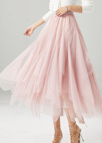 Pink Elastic Waist Exra Large Hem Tulle Skirts Fall