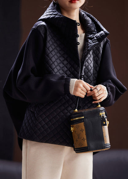 Black Hooded Button Cotton Filled Coats Long Sleeve