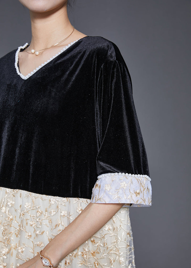 Black V Neck Patchwork Lace Silk Velour Long Dresses Half Sleeve
