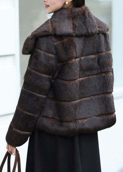 Classy Coffee Peter Pan Collar Plaid Leather and Fur Coat Winter