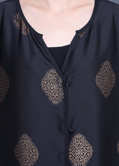 Black Side Open V Neck Silk Long Top and Pants Two Piece Set Outfits Summer