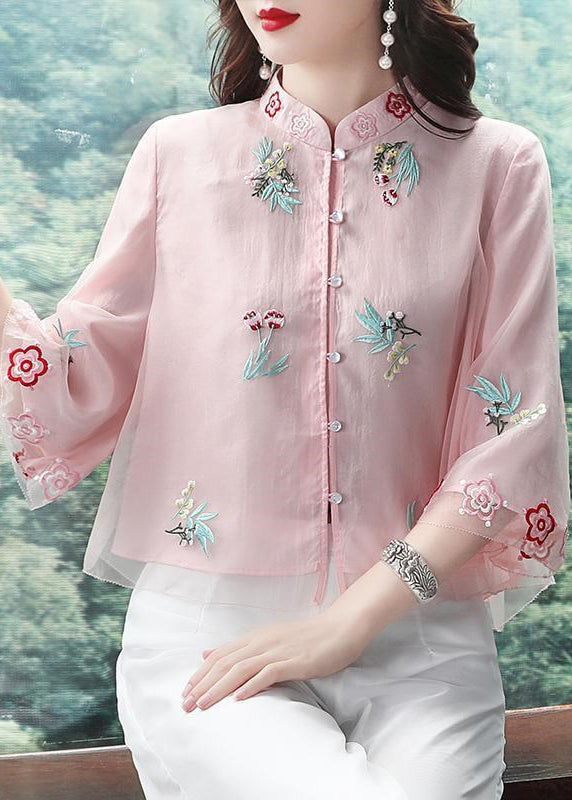 Pink Stand Collar Embroideried Patchwork Chiffon Tops Summer