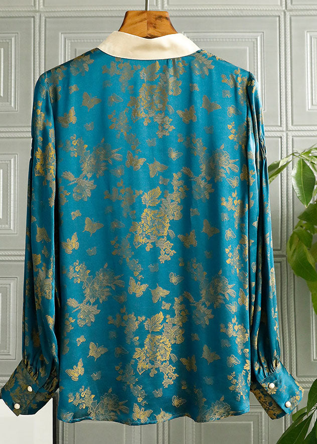 Fine Green Stand Collar Button Print Patchwork Silk Tops Spring