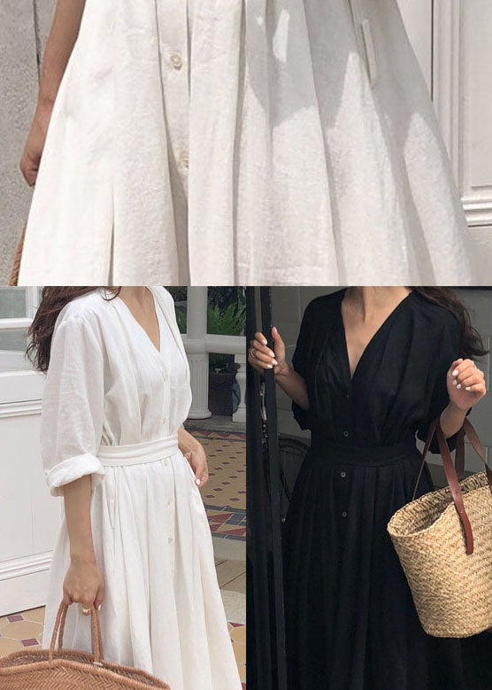 White Patchwork Cotton Dress V Neck Spring