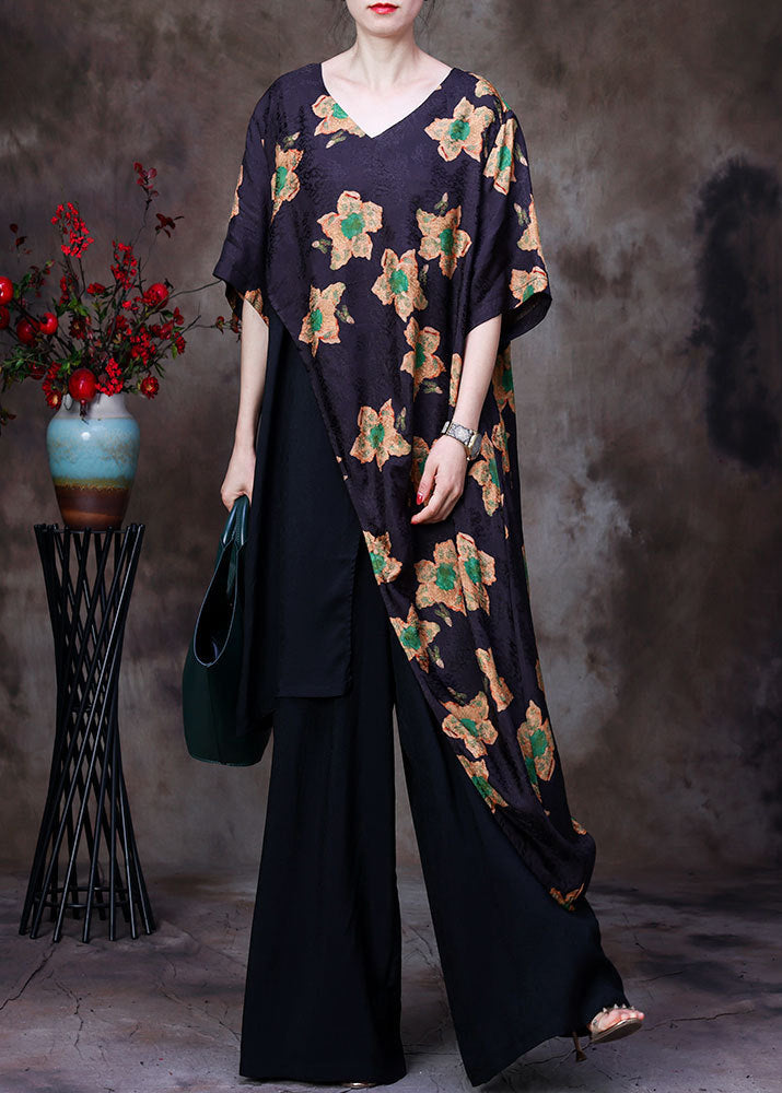 Art Yellow Print Asymmetrical Design Silk Top and Wide Leg Pants Two-piece Set Short Sleeve