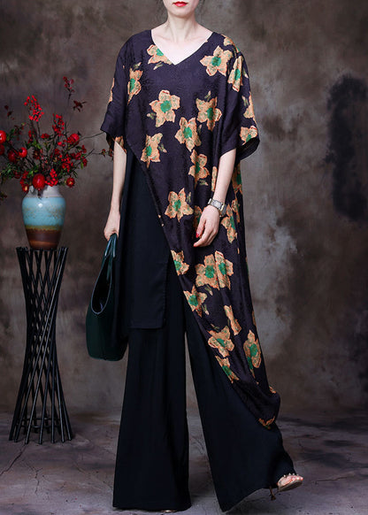 Art Yellow Print Asymmetrical Design Silk Top and Wide Leg Pants Two-piece Set Short Sleeve