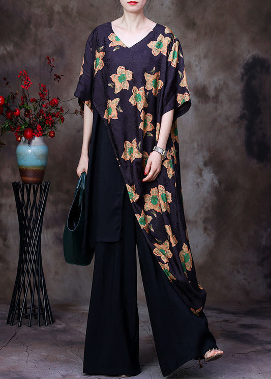 Art Yellow Print Asymmetrical Design Silk Top and Wide Leg Pants Two-piece Set Short Sleeve