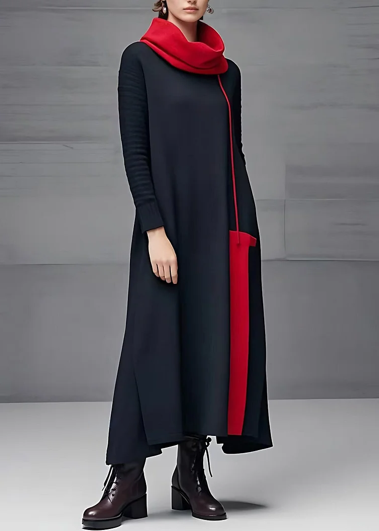 Black Turtleneck Cotton Long Dresses Long Sleeve Fall