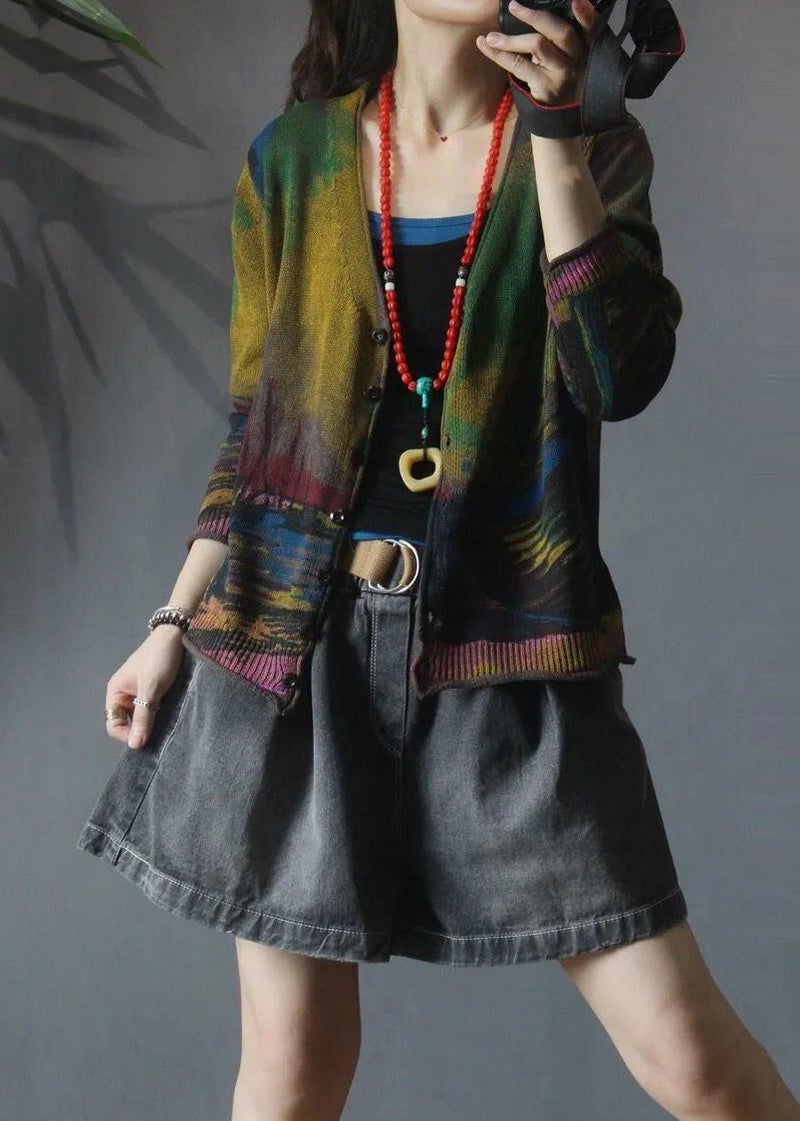 Stylish Brown V Neck Print Knit Cardigan Spring