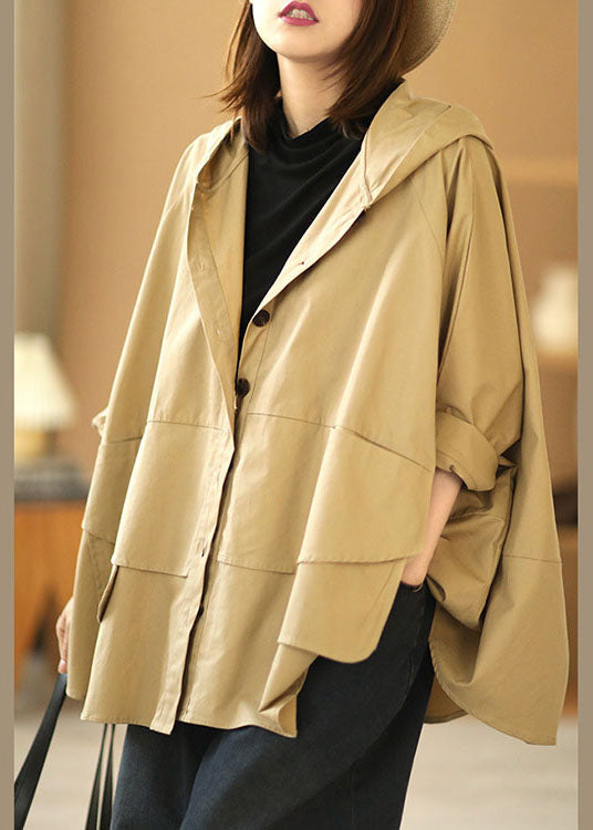 Khaki Bat Wing Sleeve Patchwork Fall Hooded Coat